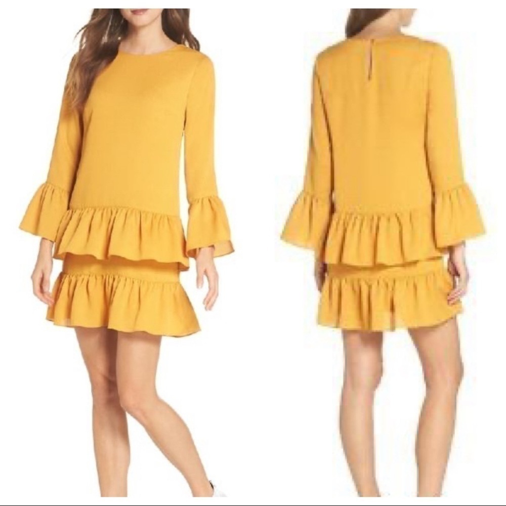 CHELSEA28 MUSTARD FLOUNCE TIERED RUFFLE DRESS
